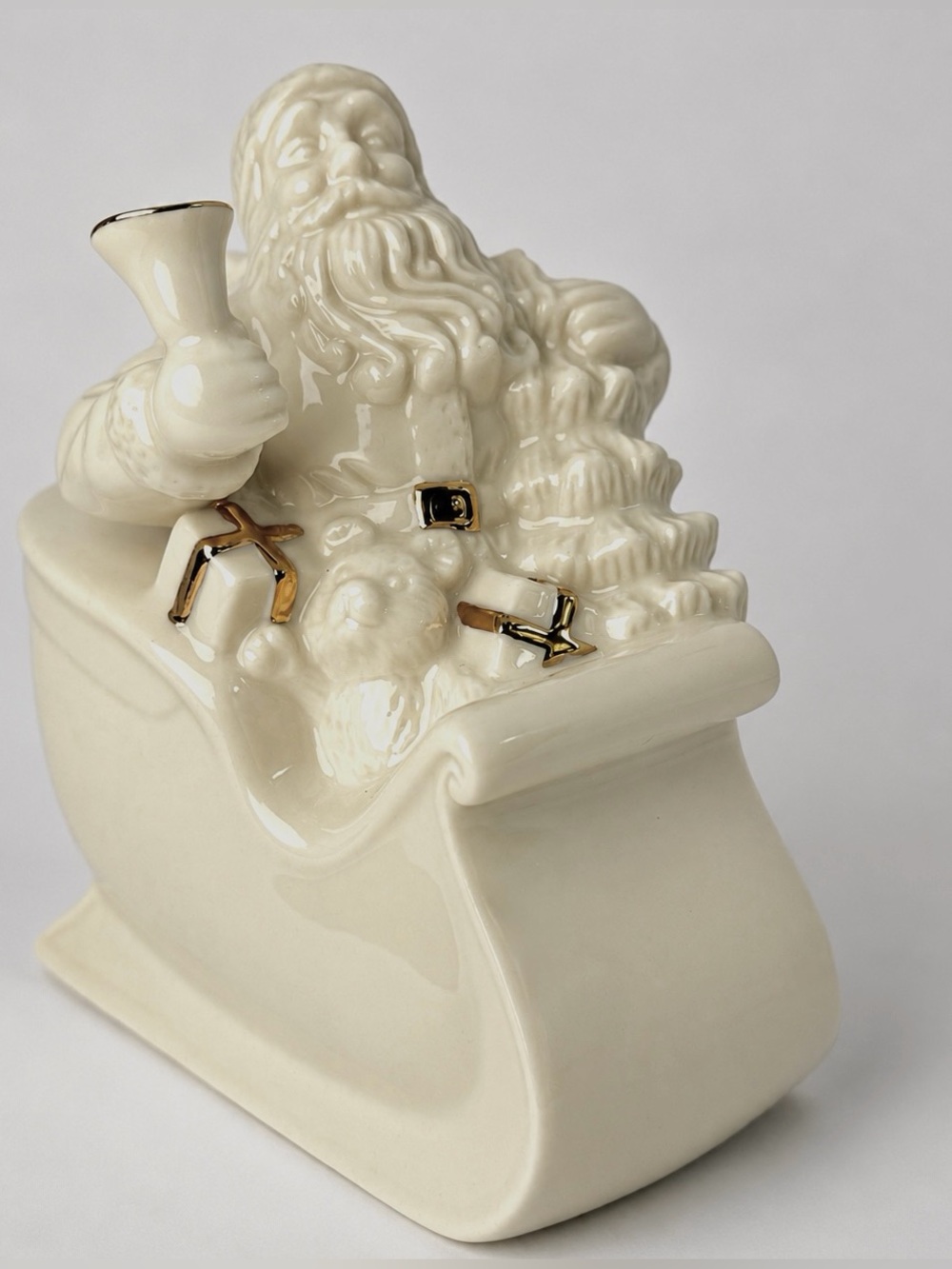 Lenox Santa Sleigh Bell Ivory Porcelain 24K Gold Christmas Figurine 4.5” EUC